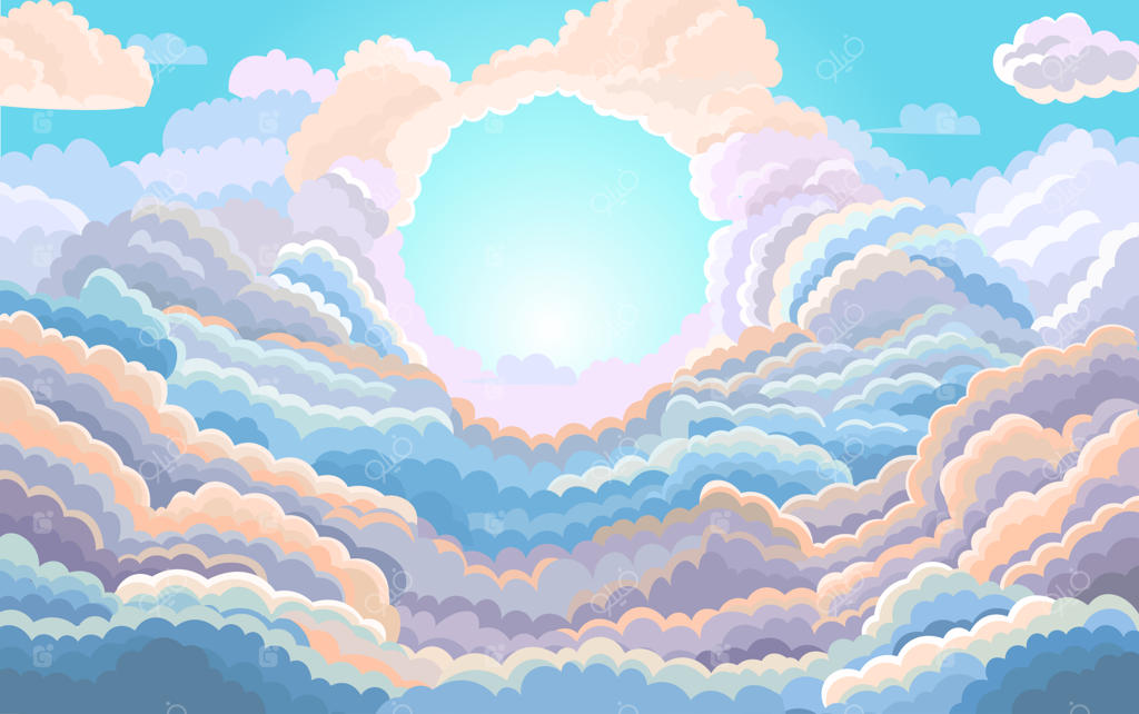 تصویرسازی وکتور کارتونی از آسمان سپیده‌دم با انبوهی از ابرهای پف‌دار
