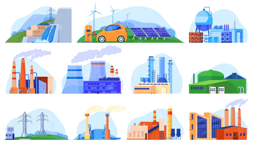 نیروگاه‌های کارخانه‌ای: مجموعه‌ای از سازه‌های صنعتی در محیط شهری و ایستگاه‌های تولید.