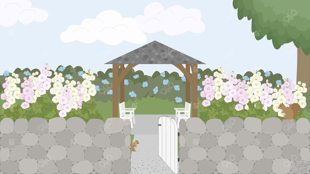 محوطه‌سازی باغچه بهاری با دیوار سنگی و آلاچیق