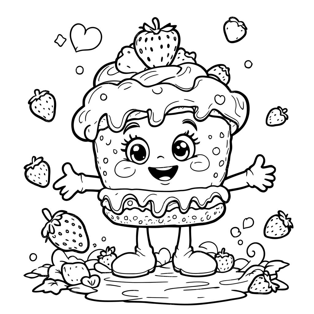صفحه رنگ‌آمیزی شخصیت توت‌فرنگی فانتزی و شیرین با قلب‌ها و توت‌ها برای کودکان و بزرگسالان