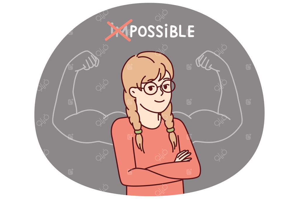 دختربچه مغرور و دست‌به‌سینه کنار نوشته «غیرممکن ممکن است» روی تخته سیاه