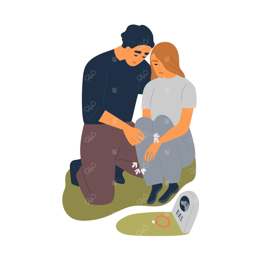 افراد غمگین در مراسم دفن سگ در قبرستان حیوانات خانگی. صاحبان حیوانات خانگی در سوگ سنگ قبر سگ. تصویر برداری رنگارنگ و تخت از قبر یادبود سگ.