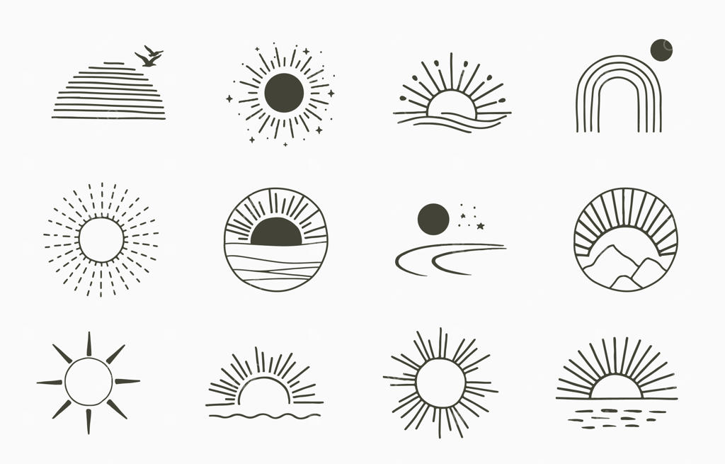 مجموعه طرح‌های خطی خورشید؛ وکتور قابل ویرایش مناسب برای وب‌سایت، استیکر، تاتو و آیکون