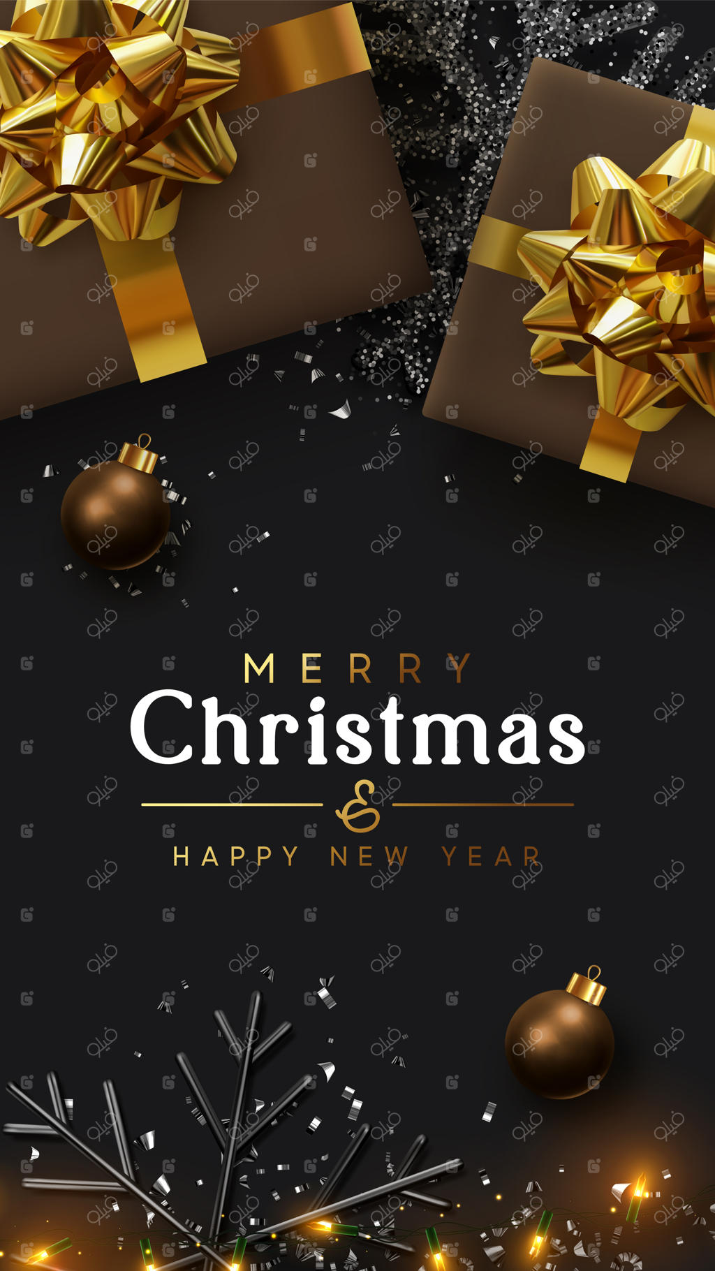 زمینه کریسمس: طراحی زنجیره نورهای چشمک‌زن، جعبه هدیه قهوه‌ای واقعی، دانه برف مشکی و پولک نقره‌ای براق. پوستر سال نو، کارت تبریک، بنر. ترکیب شیک و تاریک