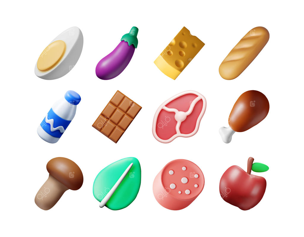 مجموعه سه‌بعدی محصولات تازه؛ ست رندر شده سوپرمارکت و مواد غذایی شامل شیر، سبزیجات، گوشت، مرغ، پنیر، سوسیس، سالاد، نان، شکلات و تخم‌مرغ. تصویرسازی وکتور