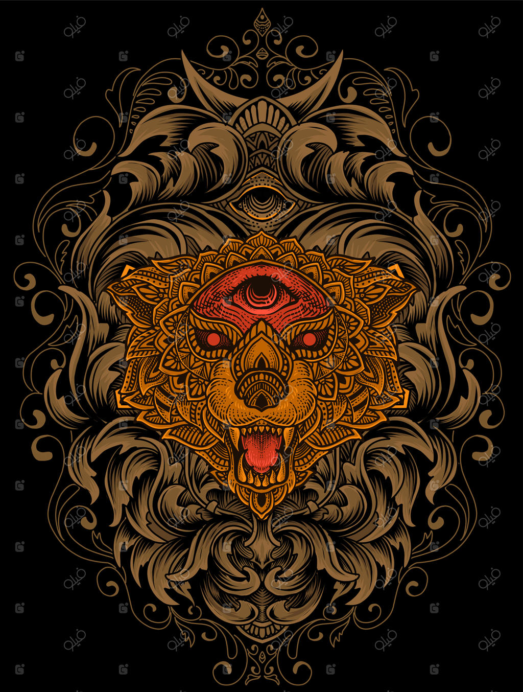 تصویر سر گرگ به سبک ماندالا با تزئینات حکاکی شده