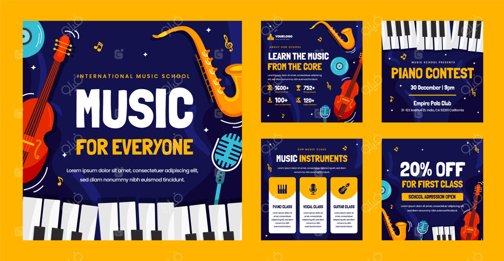 پست‌های اینستاگرام مدرسه موسیقی با طراحی دستی
