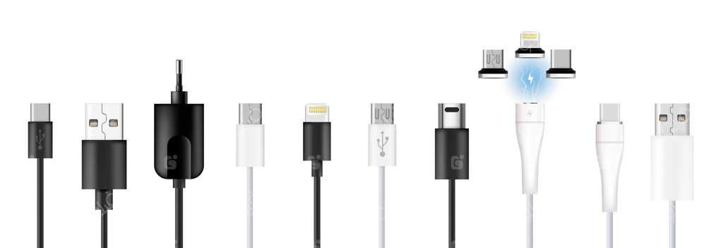 مجموعه کابل‌های شارژ گوشی‌های هوشمند با آیکون‌های مجزا از انواع شارژرهای برندهای مختلف - تصویر وکتور