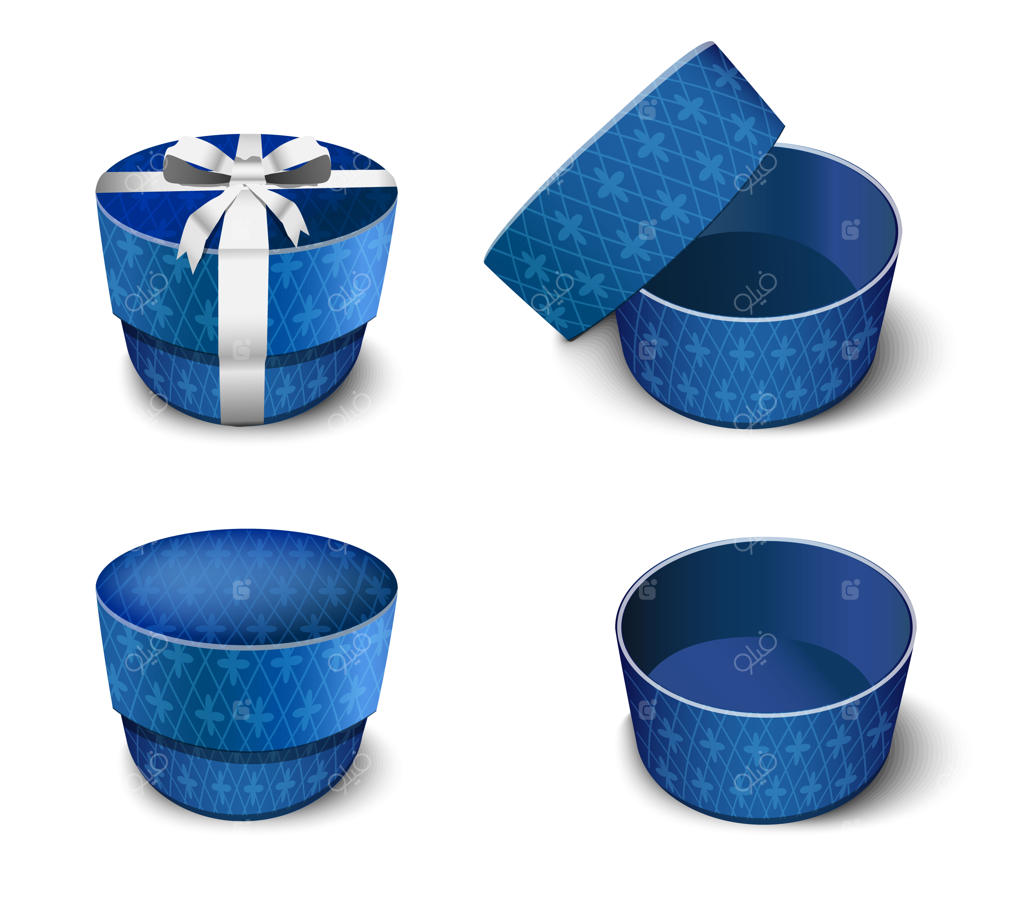 جعبه هدیه گرد و آبی شیک برای جواهرات. تصویر کارتونی از زوایای مختلف.