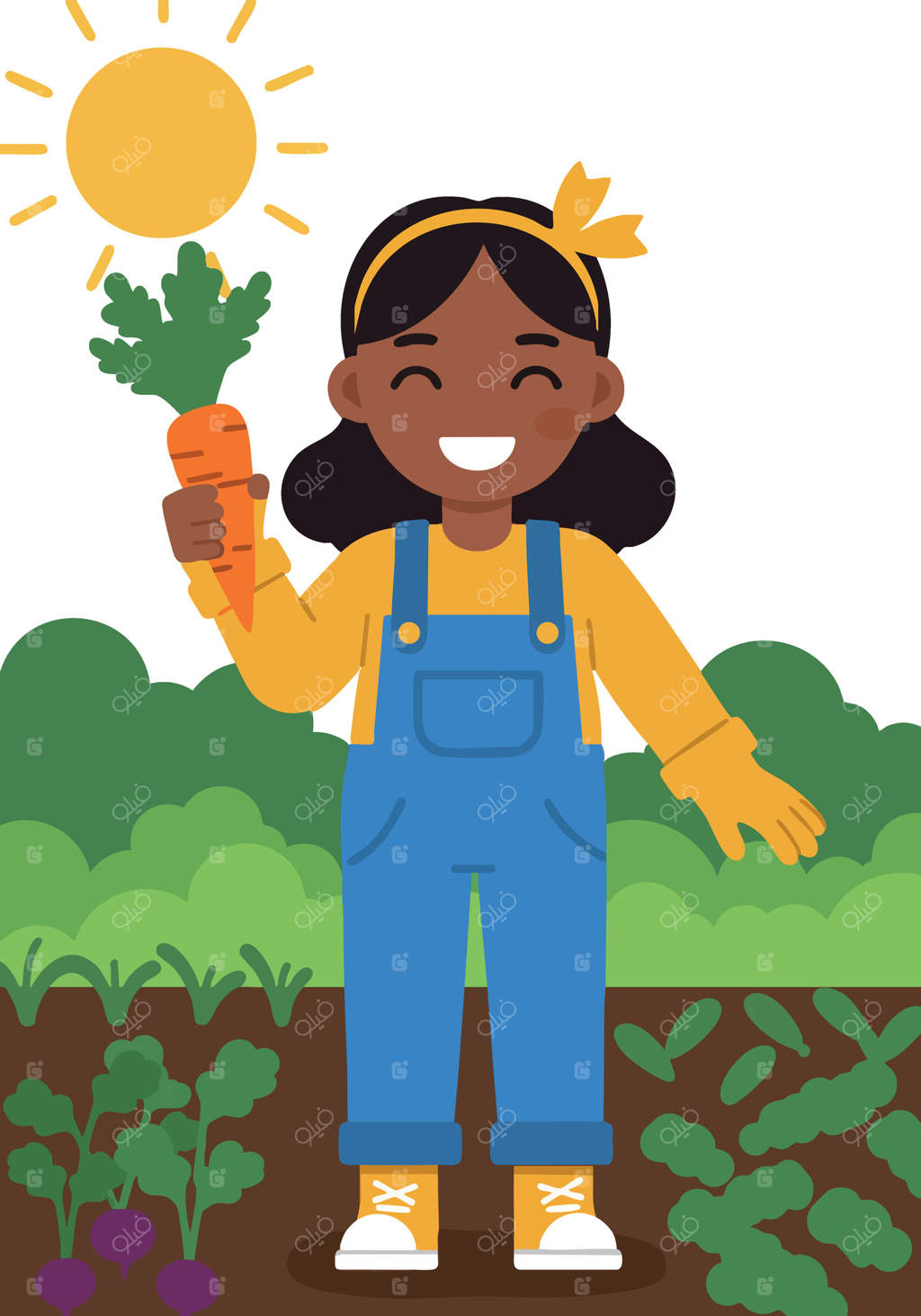 دختری در باغ با هویج در دست در میان گیاهان سبز و درخشش آفتاب - تصویرسازی