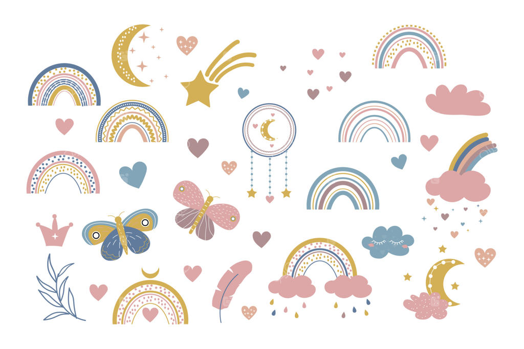 کلیپ‌آرت بوهو وکتوری برای تزئین اتاق کودک با رنگین‌کمان‌ها و ماه، ابر و شکارچی رویا. طراحی مدرن و دست‌ساز. ایده‌آل برای جشن تولد نوزاد، جشن تولد و مهمانی کودکانه. تصویرسازی وکتوری