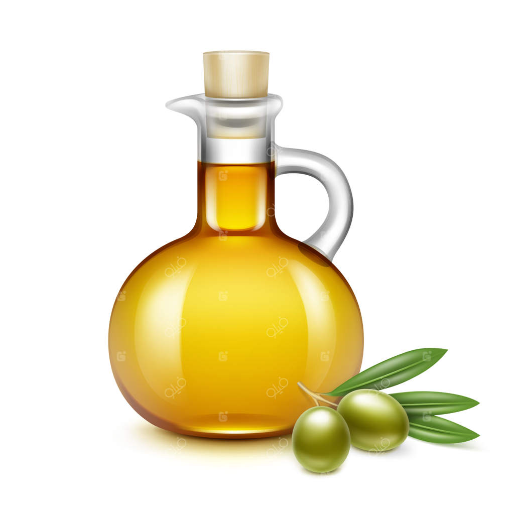 بطری شیشه‌ای روغن زیتون با شاخه‌ها و برگ‌های زیتون در پس‌زمینه سفید