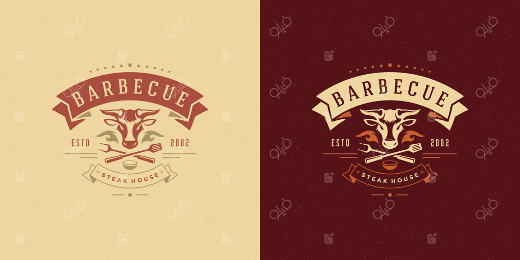 لوگوی باربیکیو: تصویرگری خانه استیک یا رستوران باربیکیو، نشان منو با تصویر سر گاو