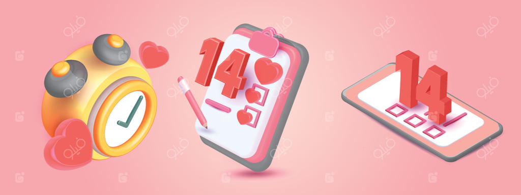 زمان ولنتاین با ساعت زنگ‌دار زرد و قلب صورتی: پس‌زمینه گیره‌دار با فهرست و مداد