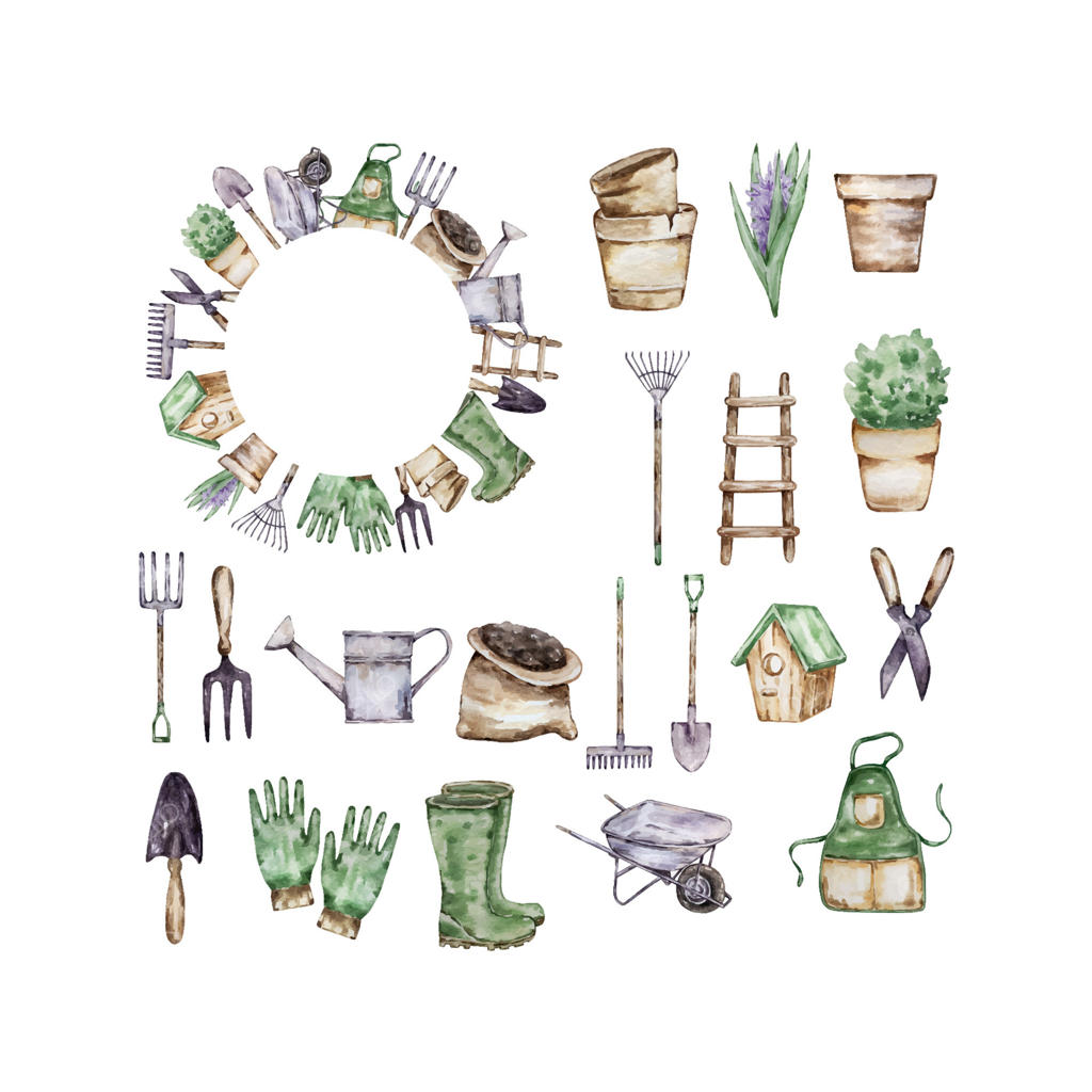 قاب باغ آبرنگی با المان‌های ابزار باغبانی