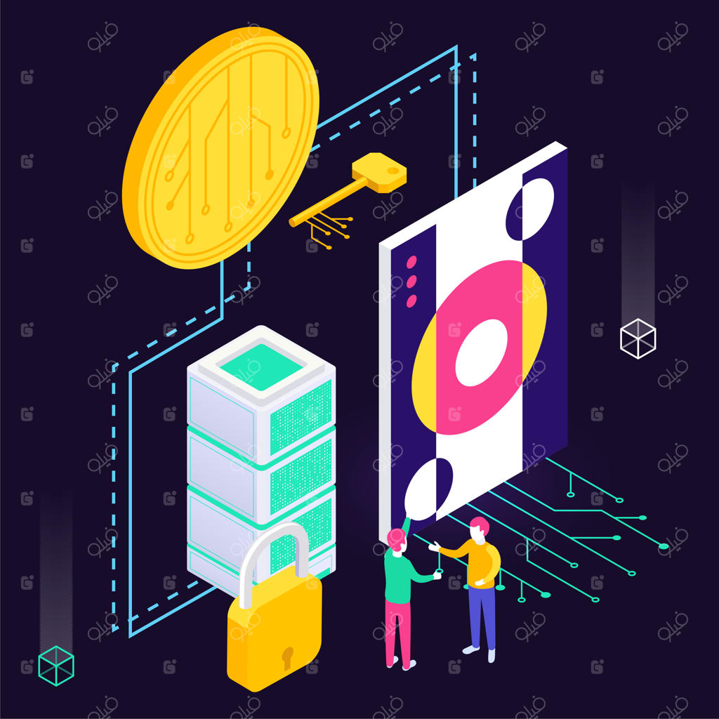 ترکیب ایزومتریک با آیکون‌های سکه الکترونیکی و تصویری از خریدار