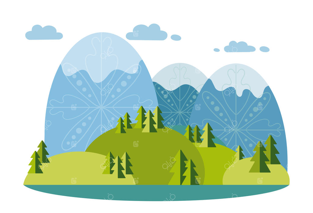 منظره‌ی زمستانی با سبک ساده: کوه‌ها، تپه‌ها و درختان؛ نقاشی دیجیتال از طبیعت محیط بیرون