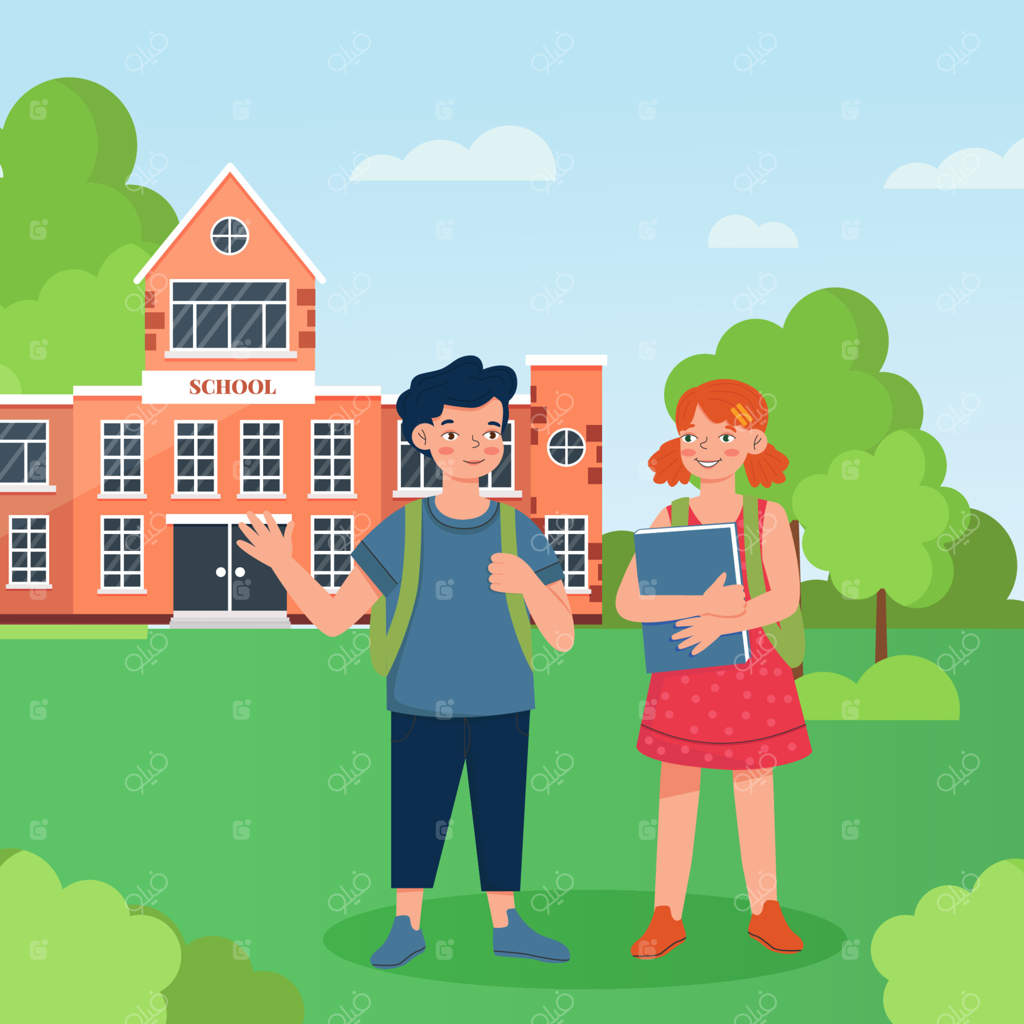 مفهوم بازگشت به مدرسه. کودکان در باغ مدرسه با پس‌زمینه ساختمان مدرسه. تصویرسازی وکتور به سبک تخت