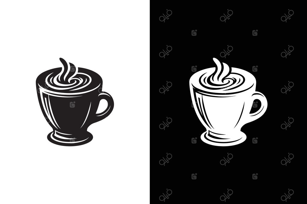 قهوه داغ یا نوشیدنی کافئین تخت. نماد فنجان قهوه در پس‌زمینه سفید و سیاه