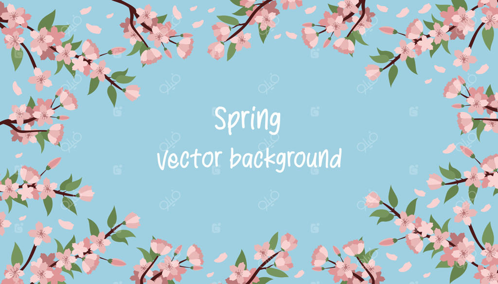 زمینه بنر بهاری با شاخه‌های بهاری. گل‌های صورتی بر روی آسمان آبی. طراحی مناسب کارت‌ها، بنرها و دعوتنامه‌ها.