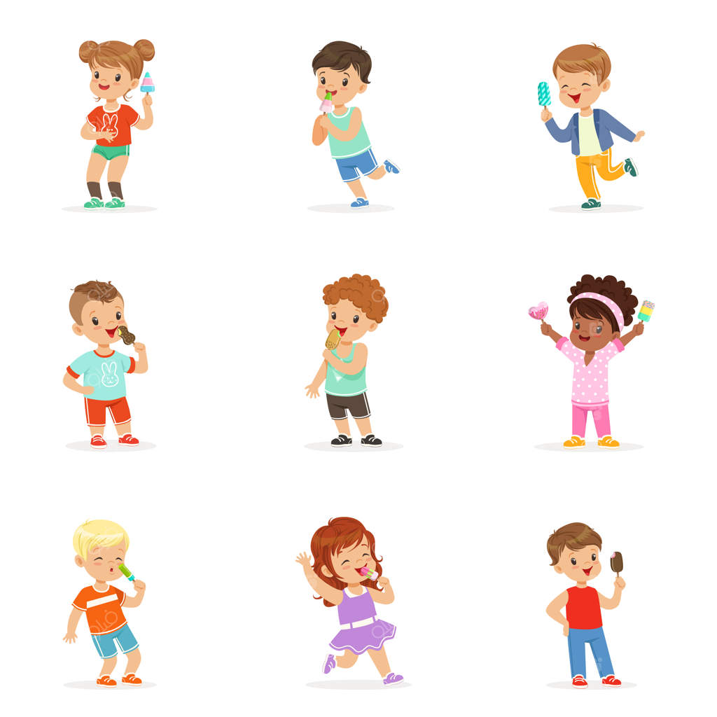 بچه‌های بانمک در حال خوردن بستنی: کودکان خوشحال با لذت از بستنی خود می‌خورند. تصویرسازی کارتونی با جزئیات و رنگارنگ