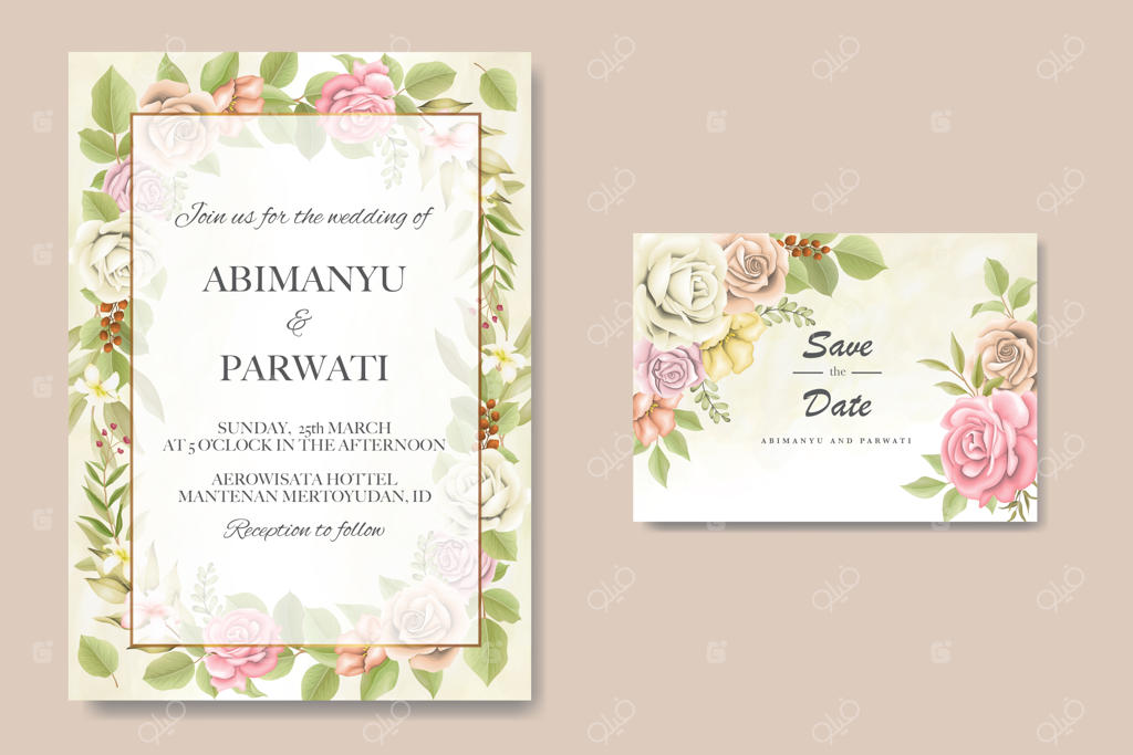 کارت دعوت عروسی با طرح گل‌ها و برگ‌های نرم و زیبا