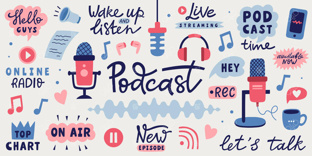 طرح گرافیکی پادکست: تصویرسازی دستی با میکروفون‌ها، عبارات نوشتاری و عناصر موسیقی