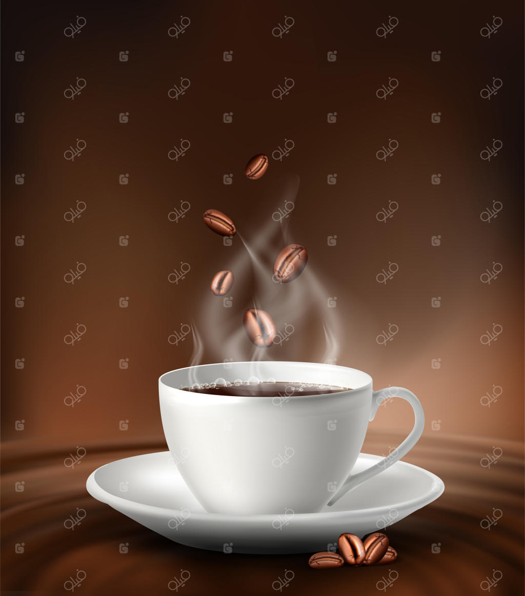 فنجان سفید قهوه با دانه‌های قهوه روی زمینه قهوه‌ای.