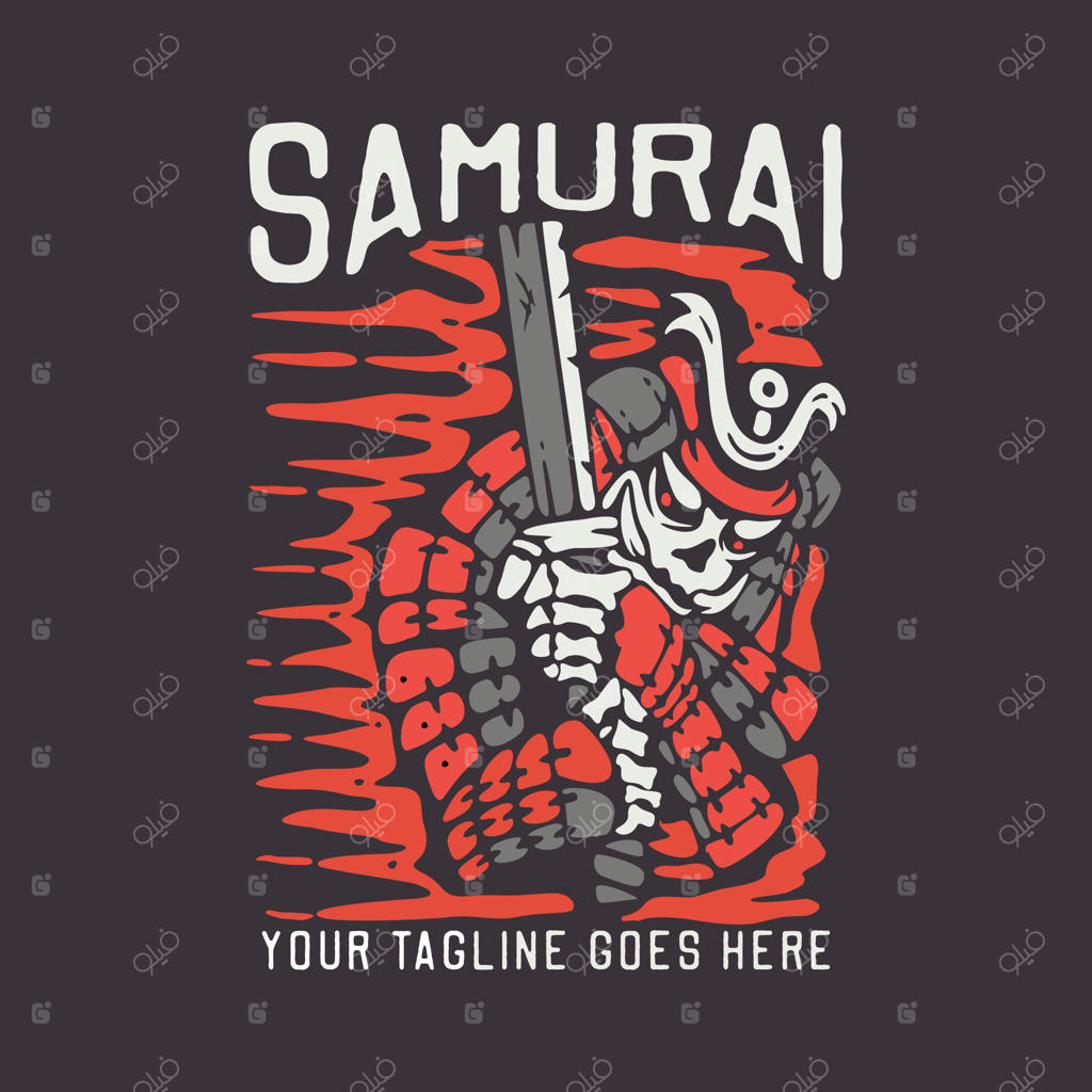 طراحی تی‌شرت سامورایی با کتانا روی پس‌زمینه قهوه‌ای به سبک وینتیج