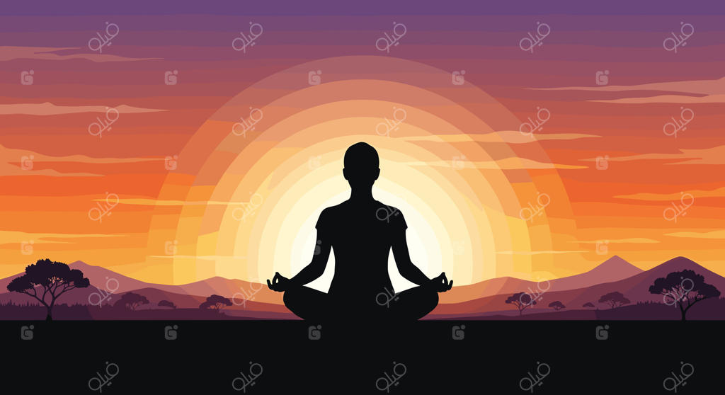 سایه ضد‌نور فرد در حال مراقبه با حالت نیلوفر آبی در منظره زیبای غروب با خورشید درخشان و کوه‌ها