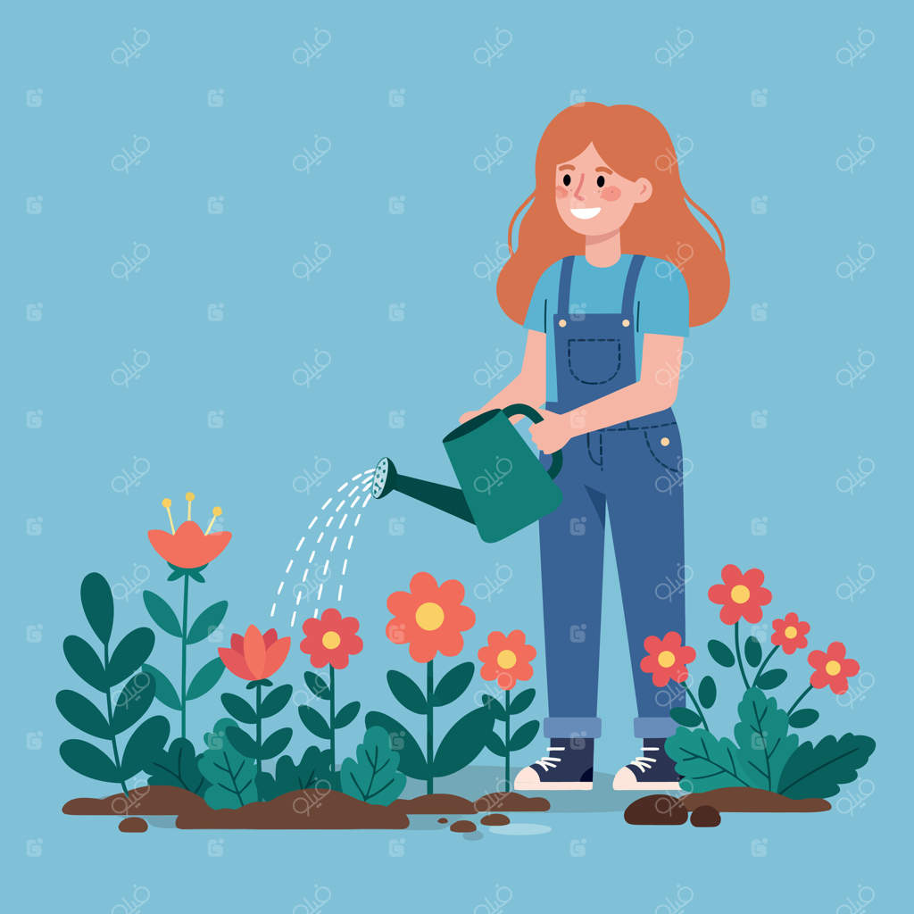 زن جوان در حال آب دادن به گل‌های رنگارنگ در باغی سرسبز، تصویر تخت