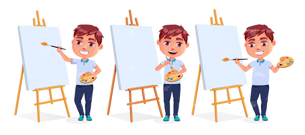 طراحی مجموعه شخصیت پسر هنرمند - شخصیت‌های خلاق مرد در حال نقاشی روی بوم و سه‌پایه