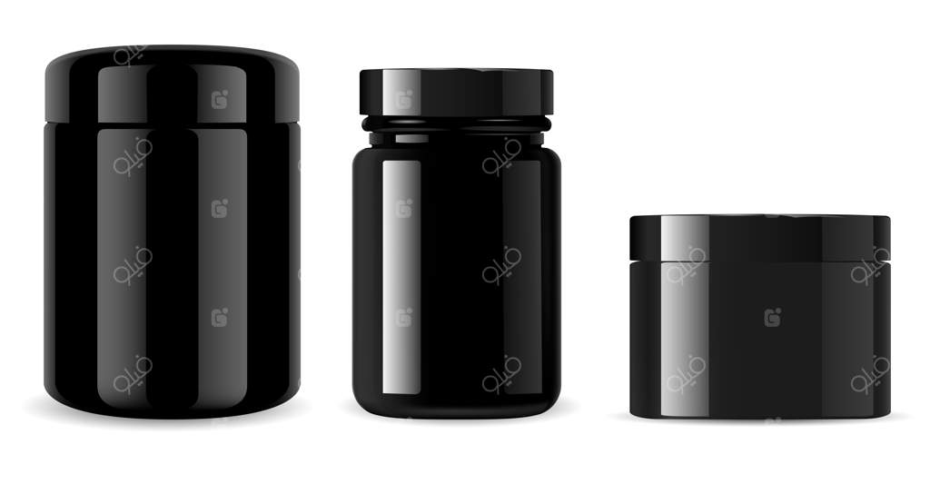 شیشه سیاه. بطری شیشه‌ای لوازم آرایشی براق. ظرف پلاستیکی براق در پس‌زمینه. قوطی قرص مکمل، بسته‌بندی، داروی ویتامین. قالب قوطی کرم