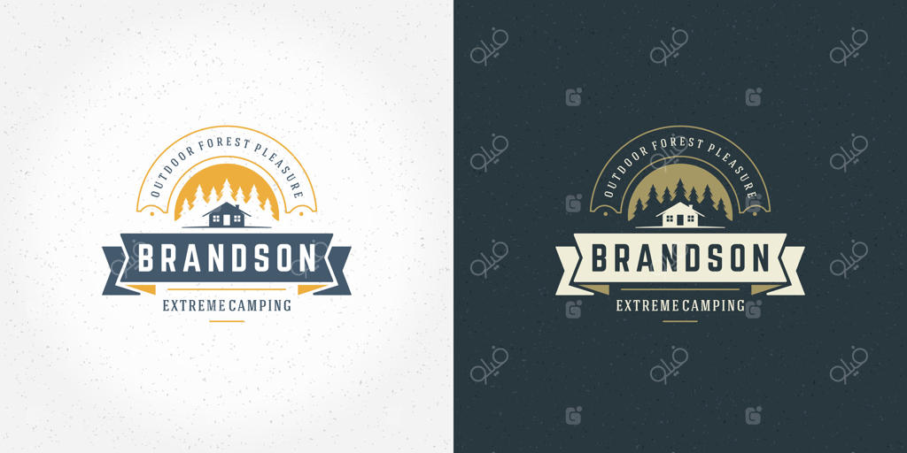 نشان لوگو کمپینگ در جنگل: تابستان، کوه‌ها، کلبه و سیلوئت درختان کاج