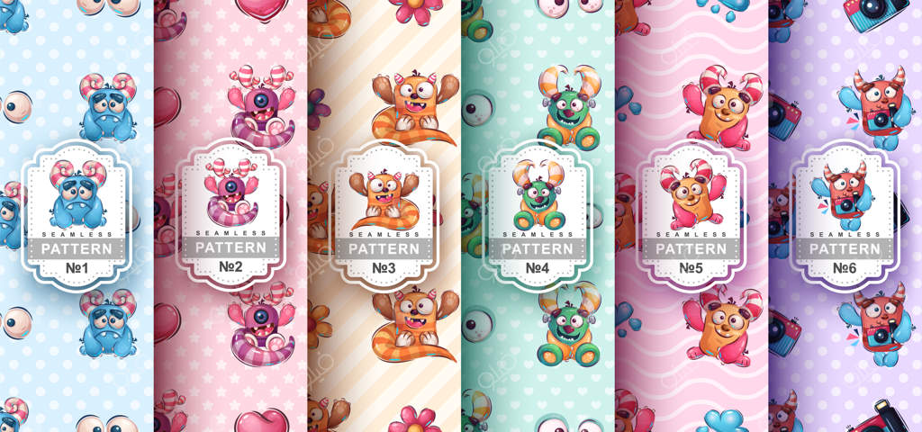 مجموعه پترن یکپارچه شخصیت کارتونی هیولای کودکانه وکتور EPS 10