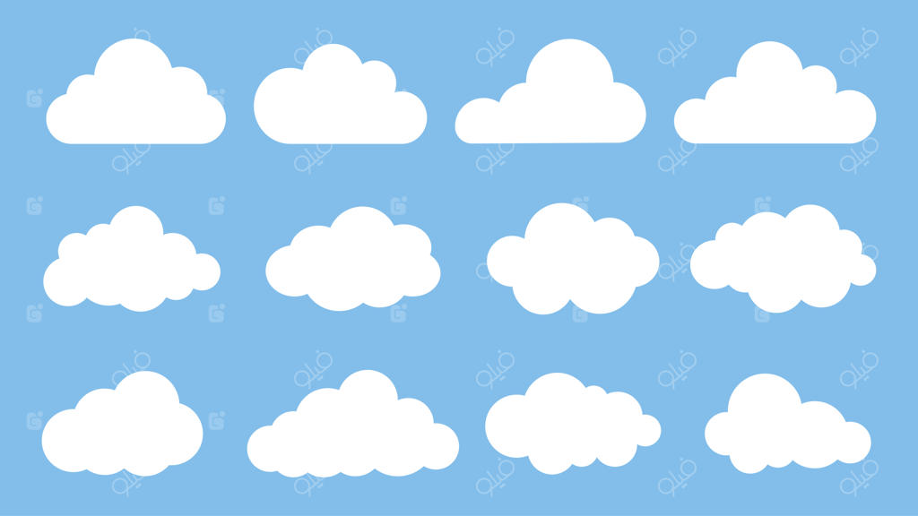 مجموعه آیکون‌های وکتور ابر سفید با اشکال و اندازه‌های متنوع در پس‌زمینه آبی؛ طراحی ساده و شبکه‌ای برای موضوعات آب‌وهوا و آسمان