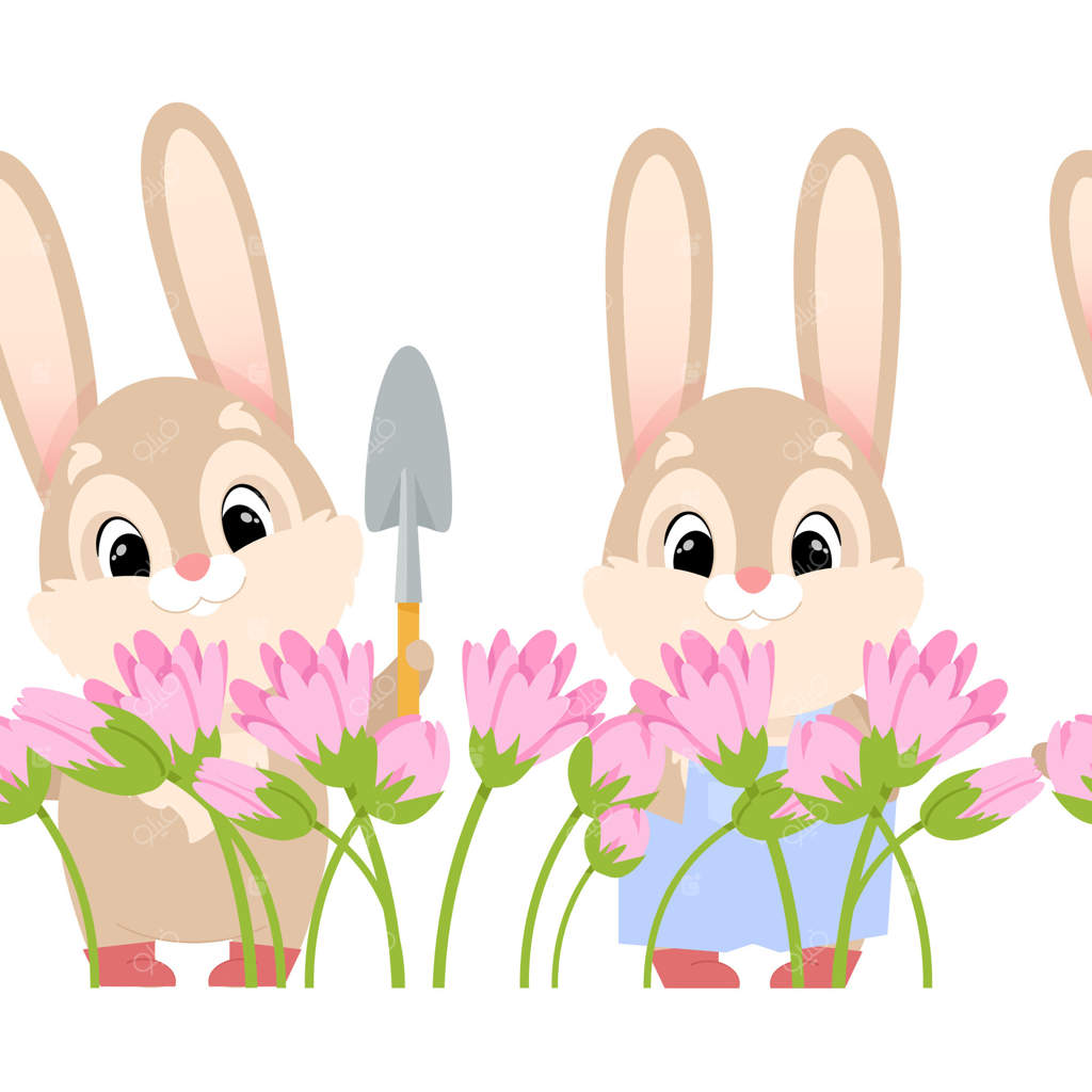 حاشیه‌ای یکپارچه با خرگوش‌های بامزه‌ی عید پاک، باغبان با بیل و گل‌ها