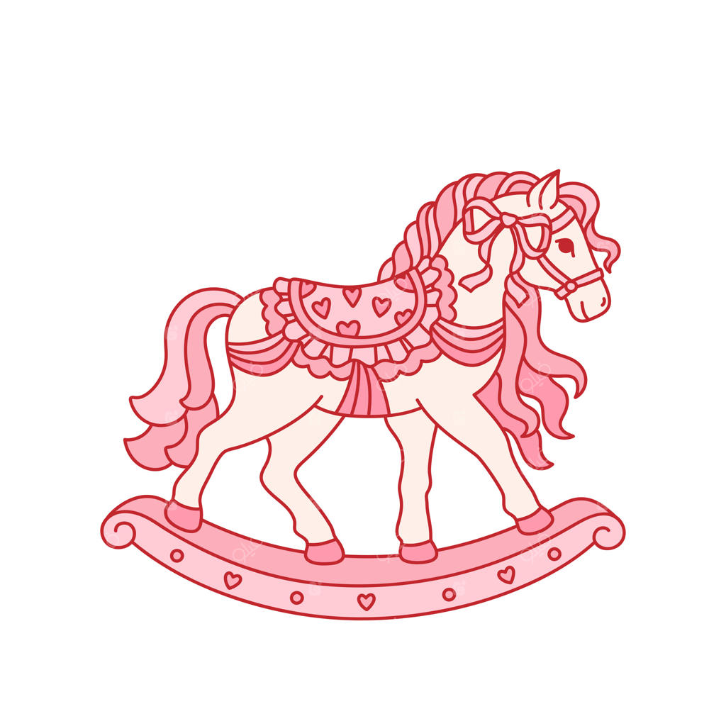 اسب چوبی عتیقه با طراحی زیبا به سبک کوکِت: اسبی جذاب و شیک با روبان، تور و قلب‌ها؛ اسباب‌بازی قدیمی صورتی مخصوص کودکان. هنر کلیپ با پس‌زمینه سفید