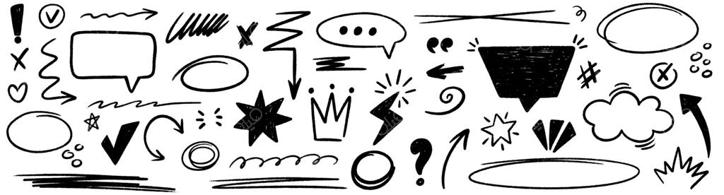مجموعه‌ای از اشکال دست‌کشیده: بیضی‌ها، علامت‌های تاکید و تیک، حباب گفتار مدادی، فلش‌های گچی، زیرخط متن. عناصر خط خطی و زیرخط.
