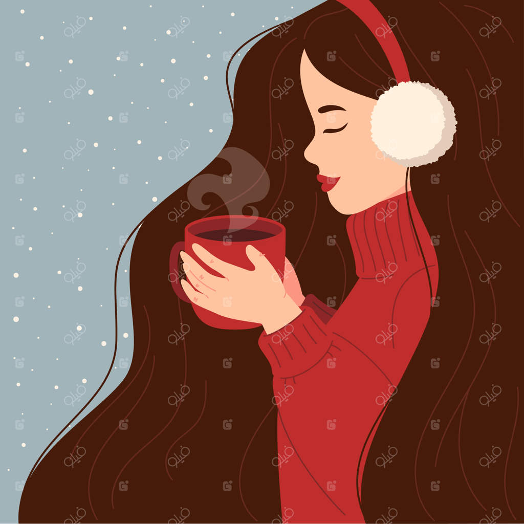 دختری در ژاکت گرم نوشیدنی داغ می‌نوشد: قهوه، کاکائو، هات چاکلت - حال و هوای سال نو