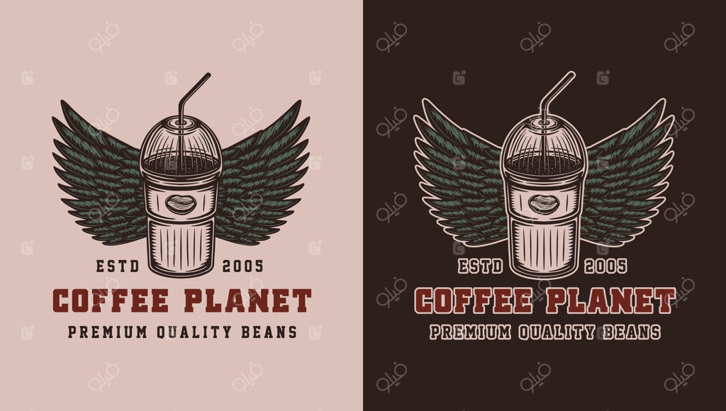طراحی لوگوی سیاره قهوه با بال‌ها و فنجان قهوه