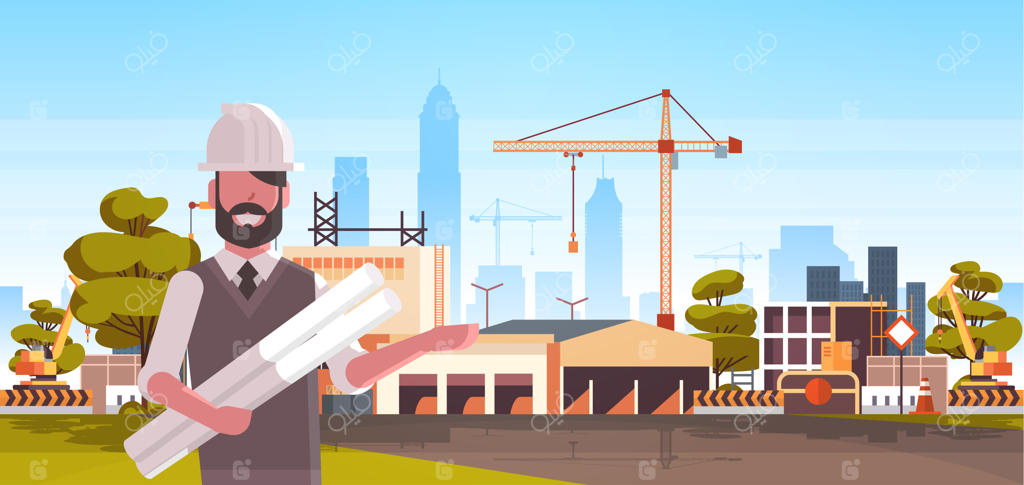 معمار با کلاه ایمنی در حال نگه‌داشتن نقشه‌های ساختمانی در محل ساخت و ساز