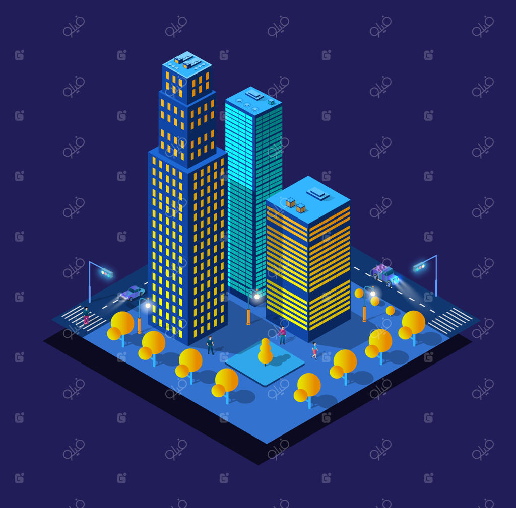 شهر هوشمند سه‌بعدی آینده در شب با نور نئون و ماوراء بنفش