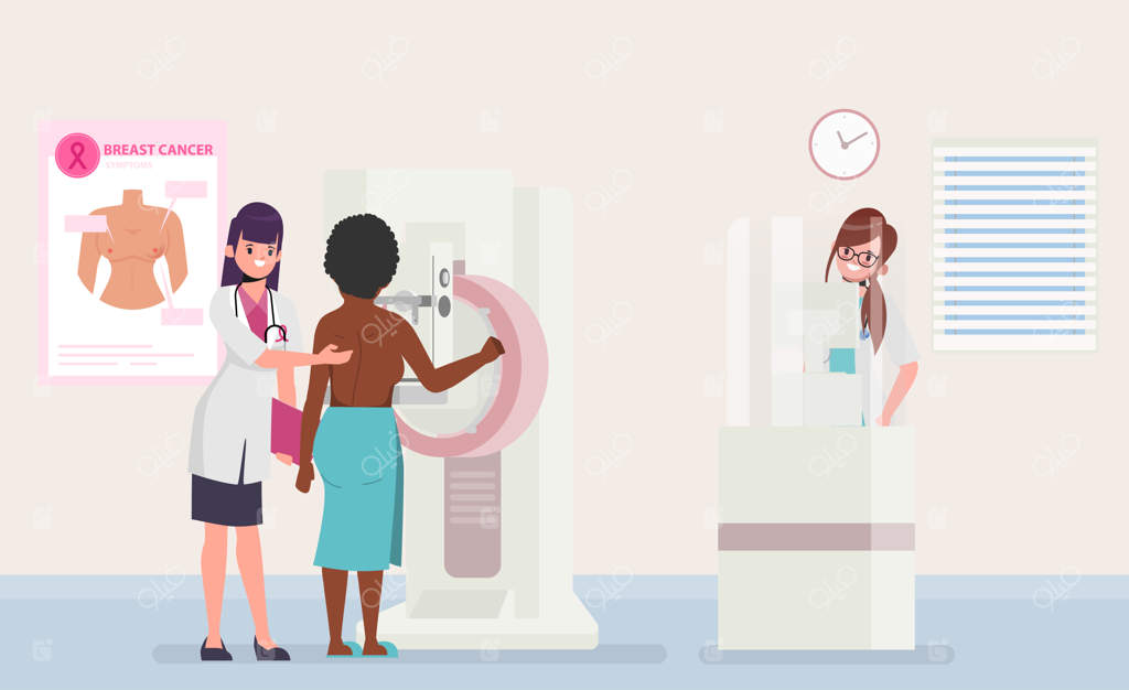 بیمار زن تحت آزمایش ماموگرافی. ماه آگاهی از سرطان سینه.