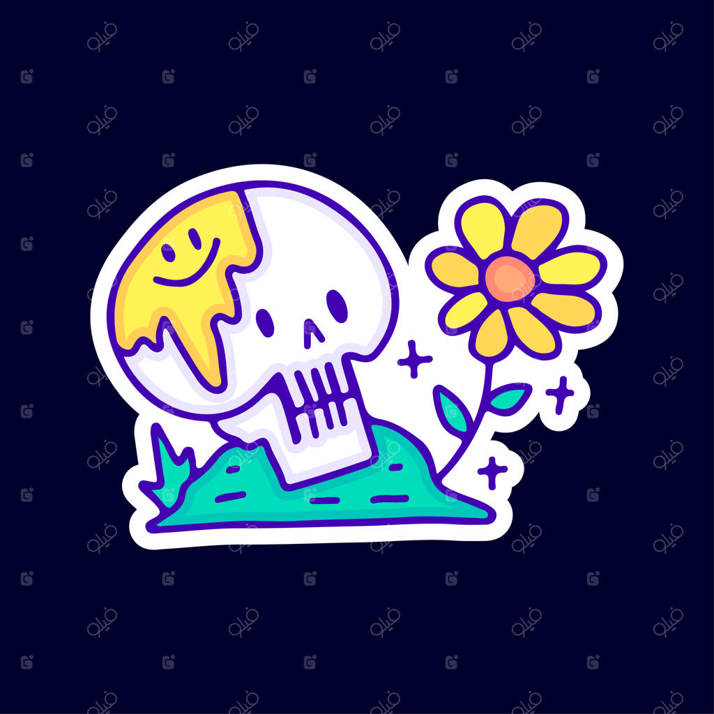 جمجمه با چهره اموجی ذوب‌شده و تصویر گل آفتابگردان. طراحی برای لباس‌های خیابانی، تی‌شرت.