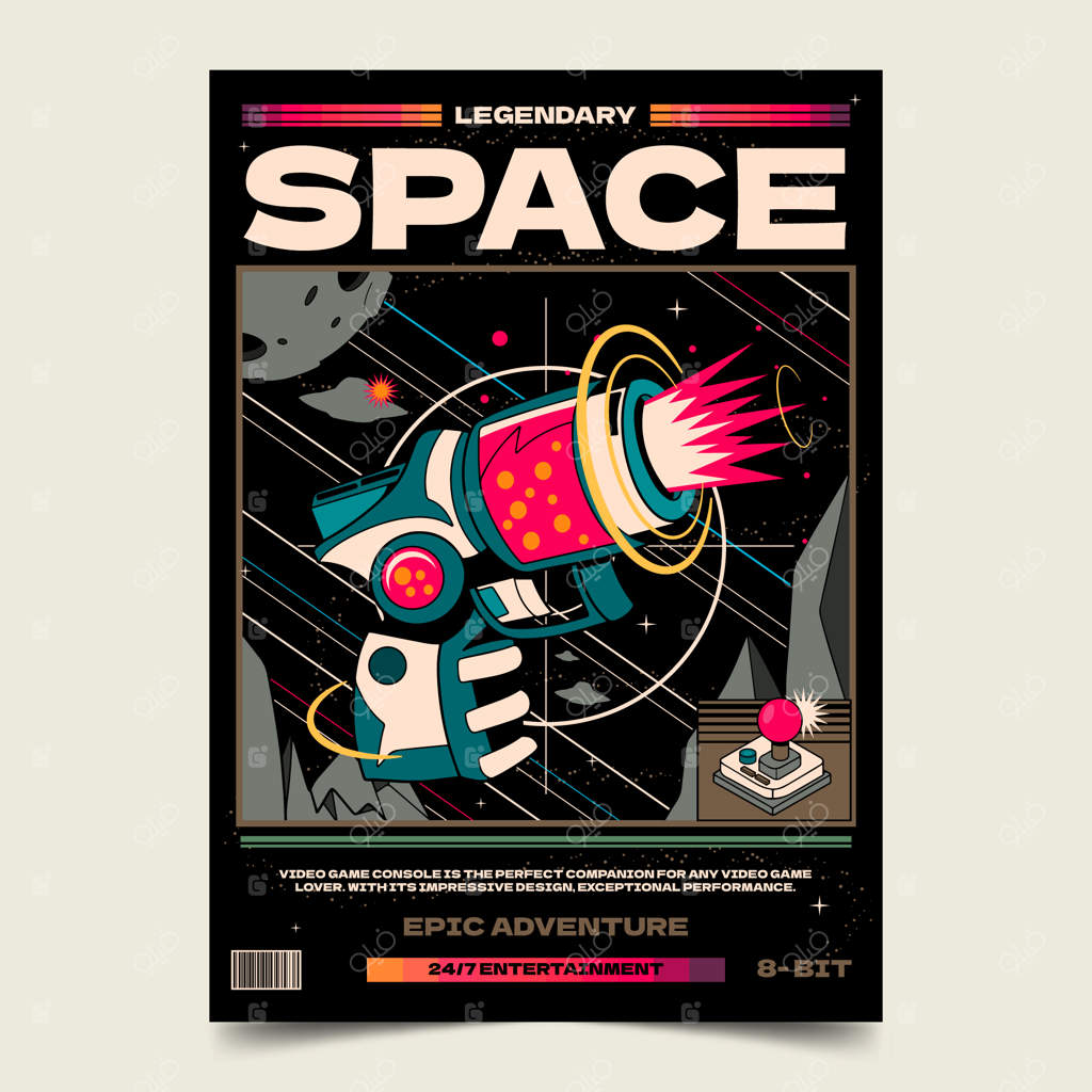 پوستر بازی فضایی با طراحی دستی به سبک رترو