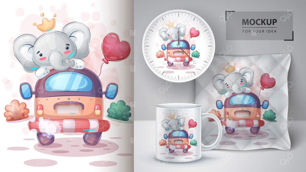 پوستر و محصولات سفر فیل با بالون هوایی. وکتور EPS 10