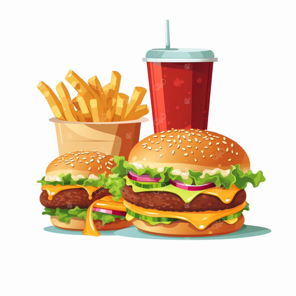 آیکون وکتور همبرگر و تصویرسازی فست‌فود، منوی رستوران، پیتزا، ساندویچ و ناهار