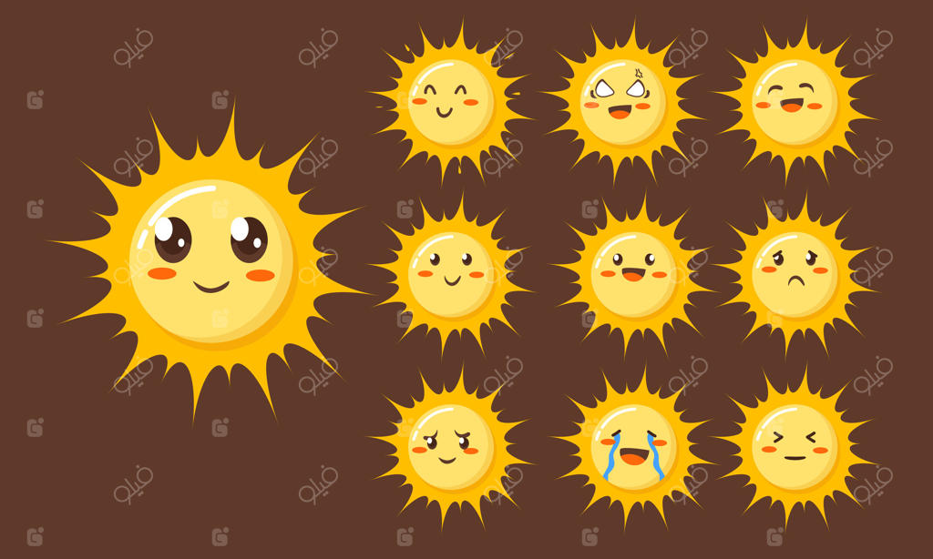 مجموعه آیکون‌های خورشید کارتونی بامزه با حالت‌های چهره مختلف