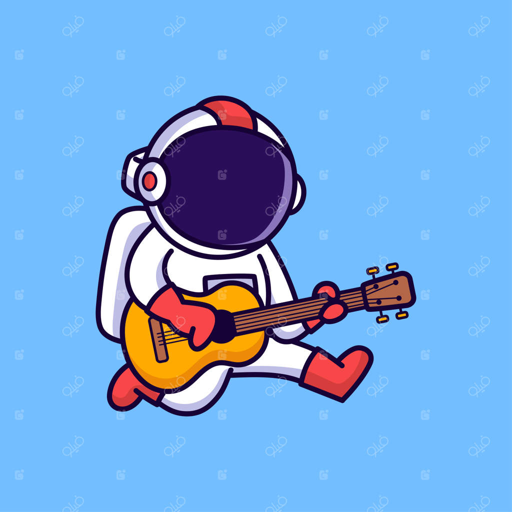 فضانورد بامزه‌ در حال نواختن گیتار، در پس‌زمینه آبی